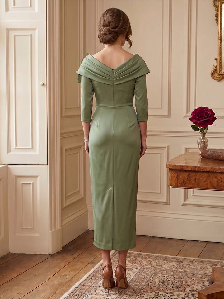 Sheath/Column Asymmetric Tea-Length 3/4 Sleeves Mother of the Bride Dresses with 3D Floral &amp; Pleated