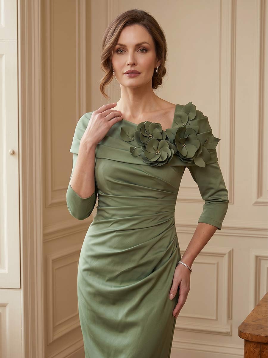 Sheath/Column Asymmetric Tea-Length 3/4 Sleeves Mother of the Bride Dresses with 3D Floral &amp; Pleated
