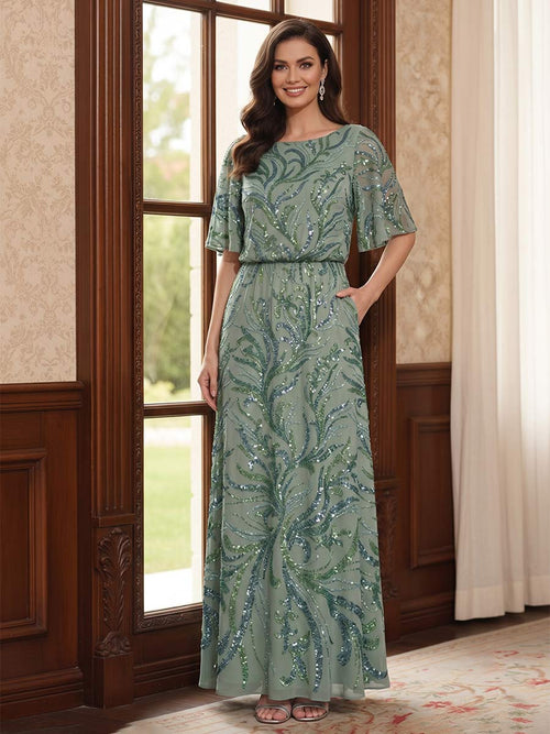 Sheath/Column Scoop Flutter Sleeves Tea-Length Mother of the Bride Dresses with Sequins