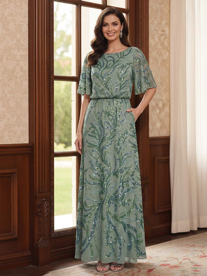 Sheath/Column Scoop Flutter Sleeves Floor-Length Mother of the Bride Dresses with Sequins