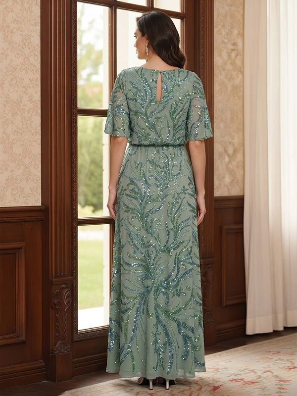 Sheath/Column Scoop Flutter Sleeves Tea-Length Mother of the Bride Dresses with Sequins