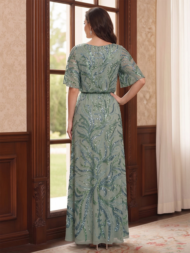 Sheath/Column Scoop Flutter Sleeves Floor-Length Mother of the Bride Dresses with Sequins