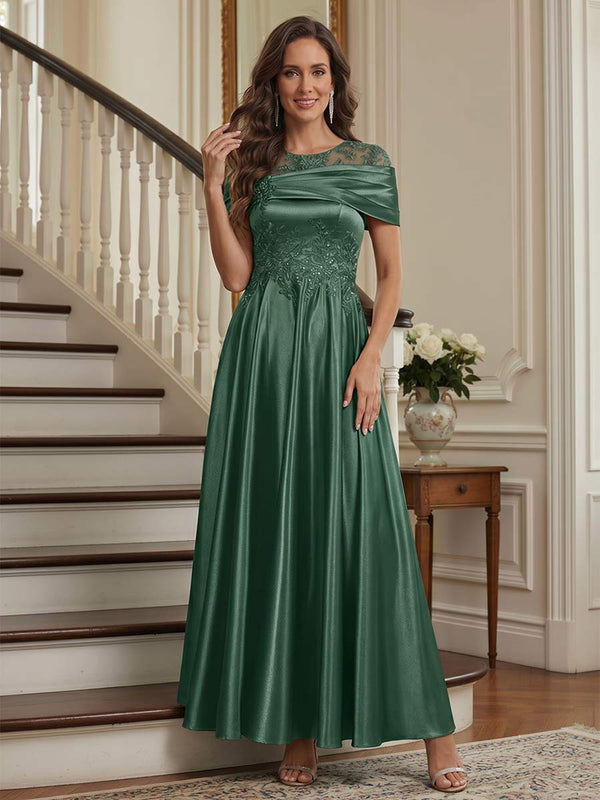 A-Line/Princess Scoop Short Sleeves Ankle-Length Mother of the Bride Dresses with Beading & Pleated