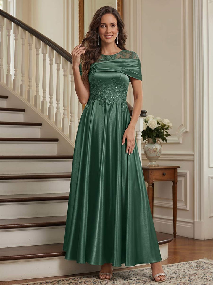 A-Line/Princess Scoop Short Sleeves Ankle-Length Mother of the Bride Dresses with Beading &amp; Pleated