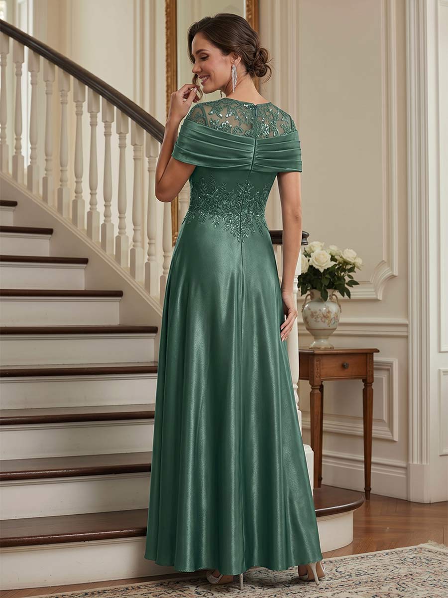A-Line/Princess Scoop Short Sleeves Ankle-Length Mother of the Bride Dresses with Beading &amp; Pleated