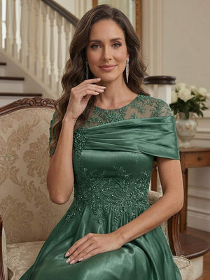 A-Line/Princess Scoop Short Sleeves Ankle-Length Mother of the Bride Dresses with Beading & Pleated