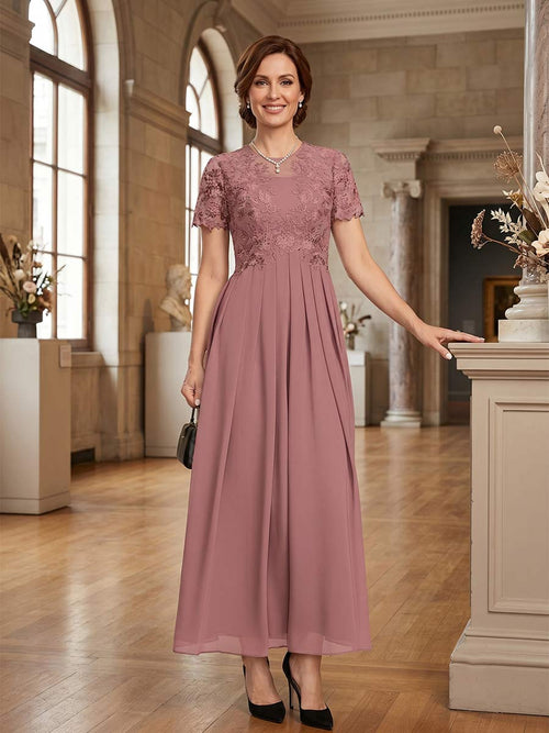 A-Line/Princess Scoop Short Sleeves Ankle-Length Mother of the Bride Dresses with Applique & Pleated