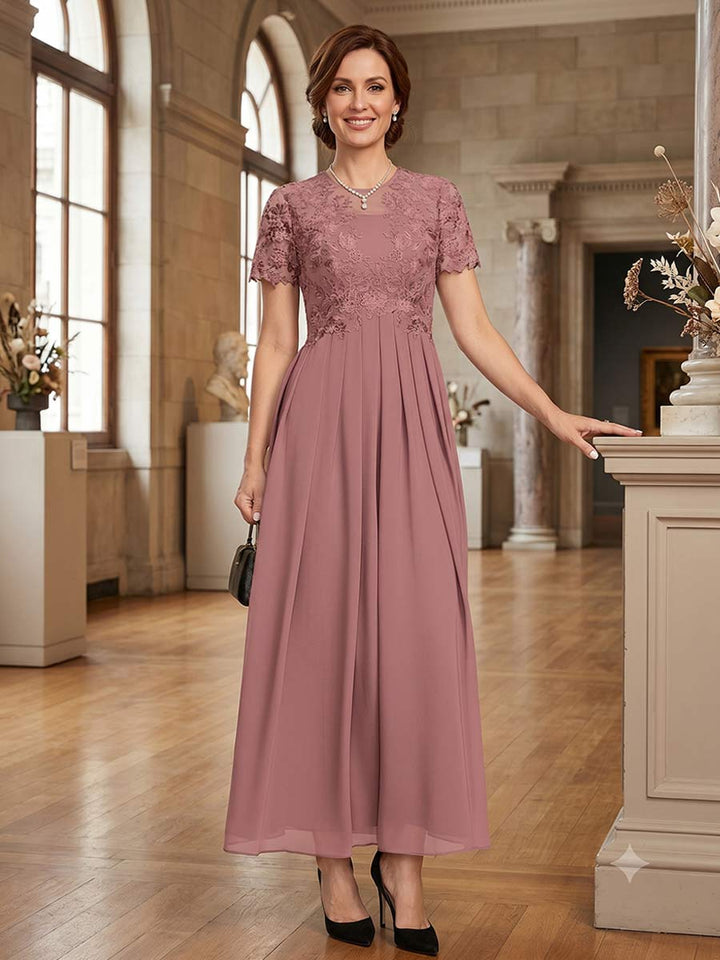 A-Line/Princess Scoop Short Sleeves Ankle-Length Mother of the Bride Dresses with Applique &amp; Pleated