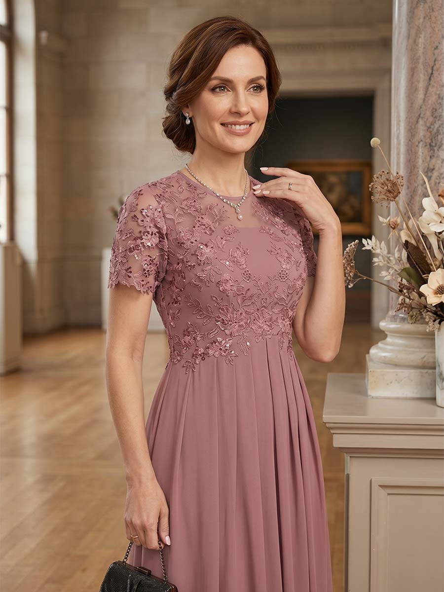 A-Line/Princess Scoop Short Sleeves Ankle-Length Mother of the Bride Dresses with Applique &amp; Pleated