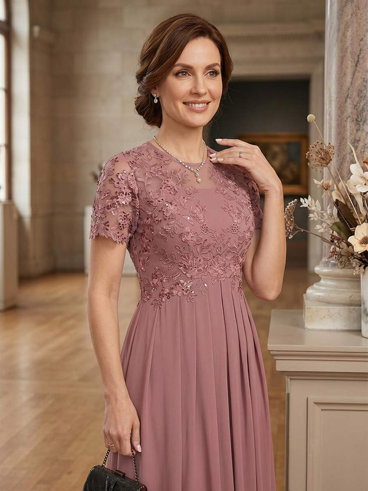A-Line/Princess Scoop Short Sleeves Ankle-Length Mother of the Bride Dresses with Applique &amp; Pleated