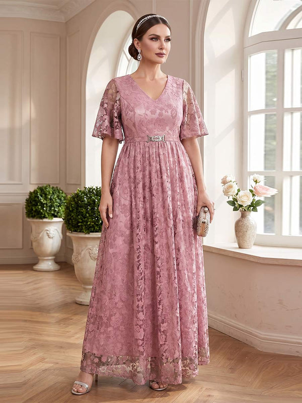 A-Line/Princess V-Neck Short Sleeves Floor-Length Mother of the Bride Dresses with Lace & Sash