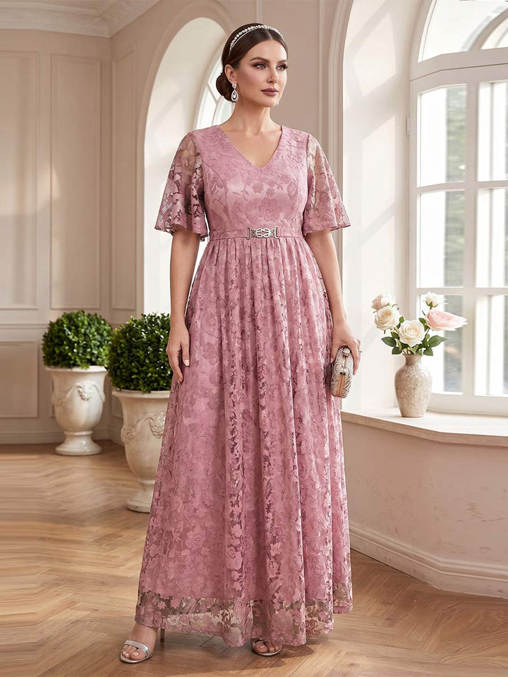 A-Line/Princess V-Neck Short Sleeves Floor-Length Mother of the Bride Dresses with Lace &amp; Sash