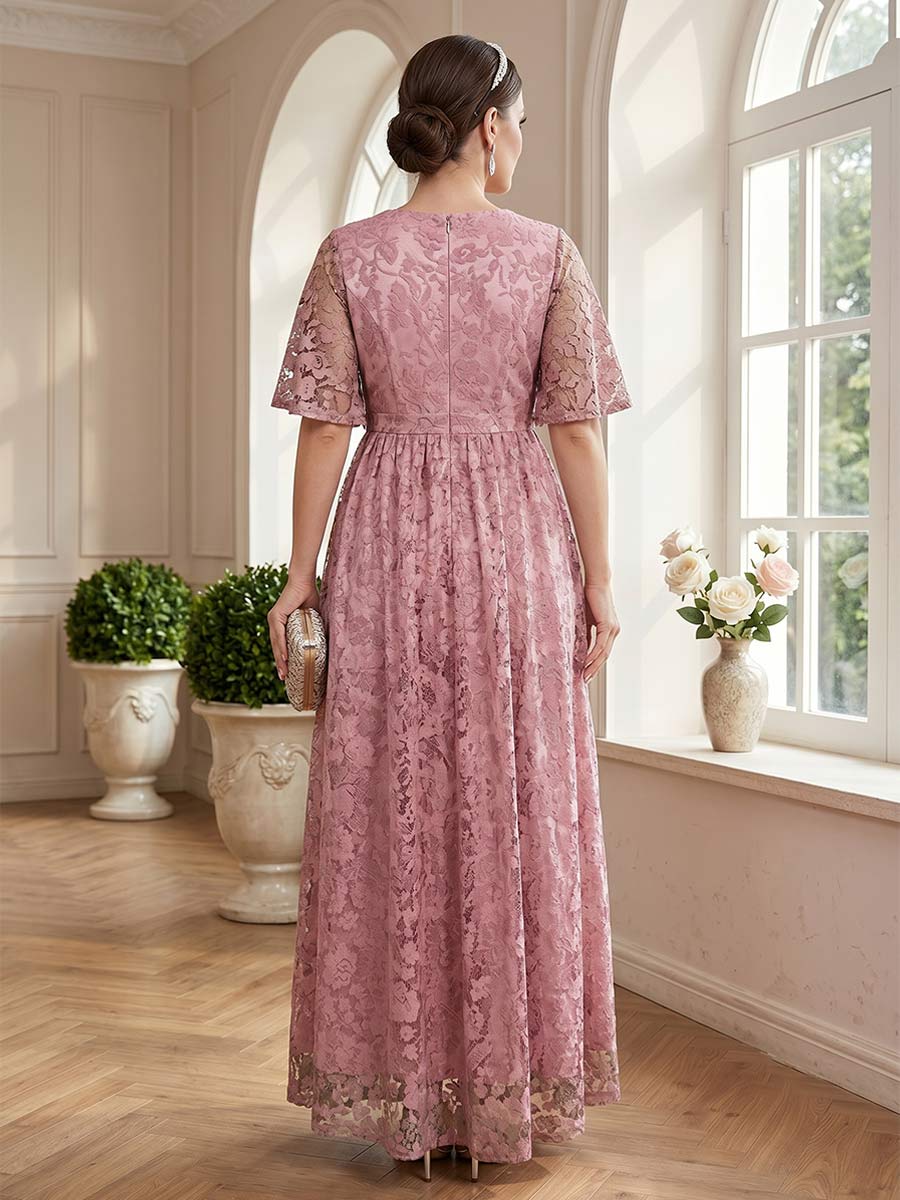A-Line/Princess V-Neck Short Sleeves Floor-Length Mother of the Bride Dresses with Lace &amp; Sash