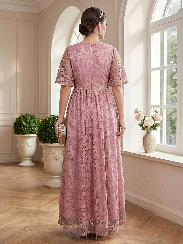 A-Line/Princess V-Neck Short Sleeves Floor-Length Mother of the Bride Dresses with Lace &amp; Sash