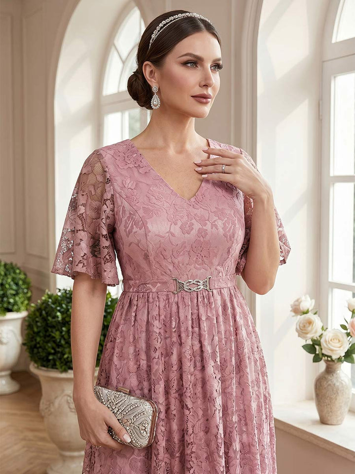 A-Line/Princess V-Neck Short Sleeves Floor-Length Mother of the Bride Dresses with Lace &amp; Sash