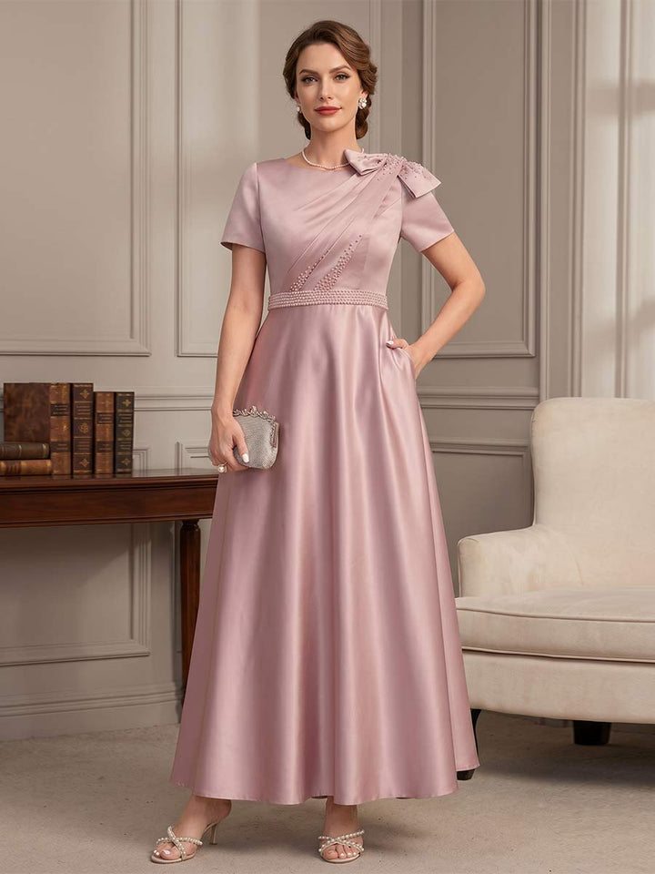 A-Line/Princess Scoop Short Sleeves Ankle-Length Mother of the Bride Dresses with Bowknot &amp; Pleated