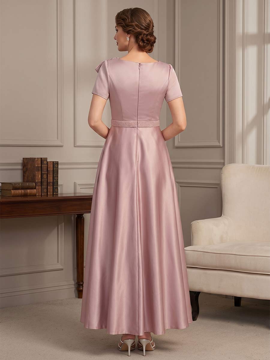 A-Line/Princess Scoop Short Sleeves Ankle-Length Mother of the Bride Dresses with Bowknot &amp; Pleated