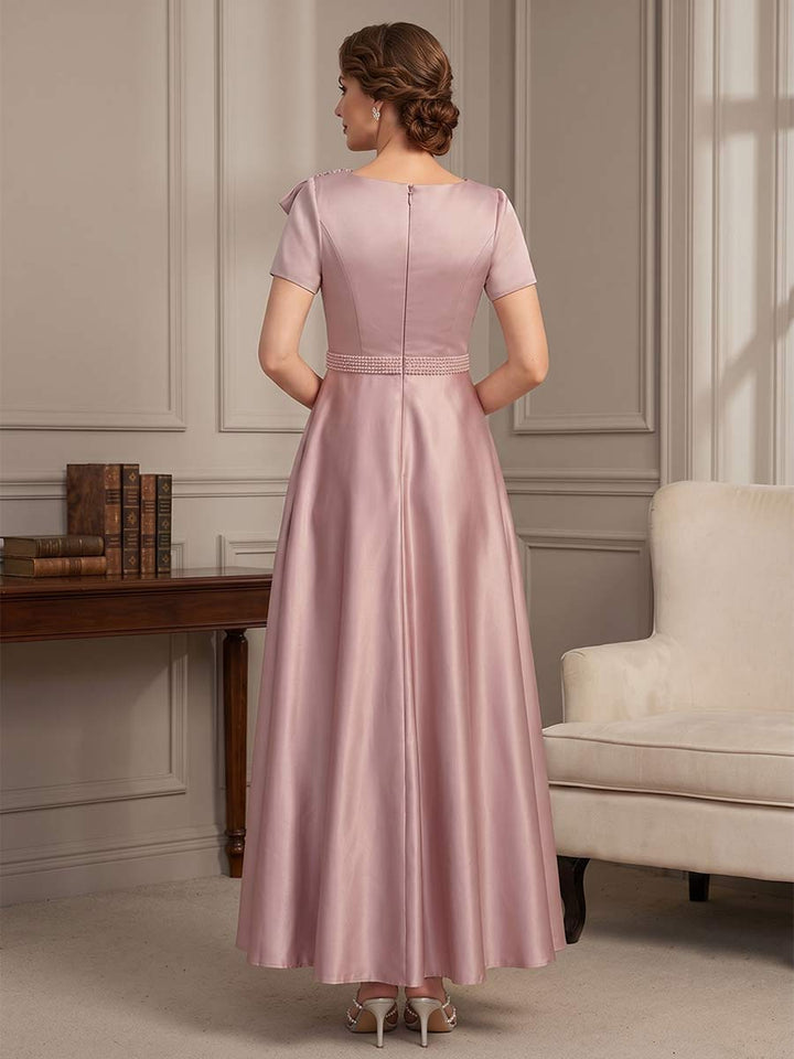 A-Line/Princess Scoop Short Sleeves Ankle-Length Mother of the Bride Dresses with Bowknot &amp; Pleated