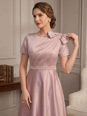 A-Line/Princess Scoop Short Sleeves Ankle-Length Mother of the Bride Dresses with Bowknot & Pleated