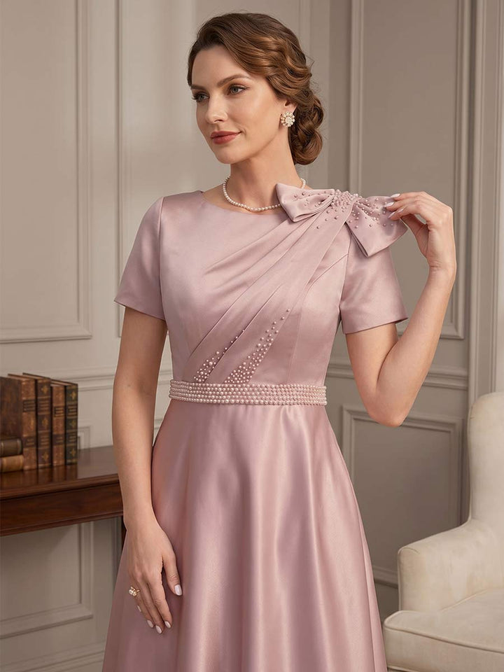 A-Line/Princess Scoop Short Sleeves Ankle-Length Mother of the Bride Dresses with Bowknot &amp; Pleated