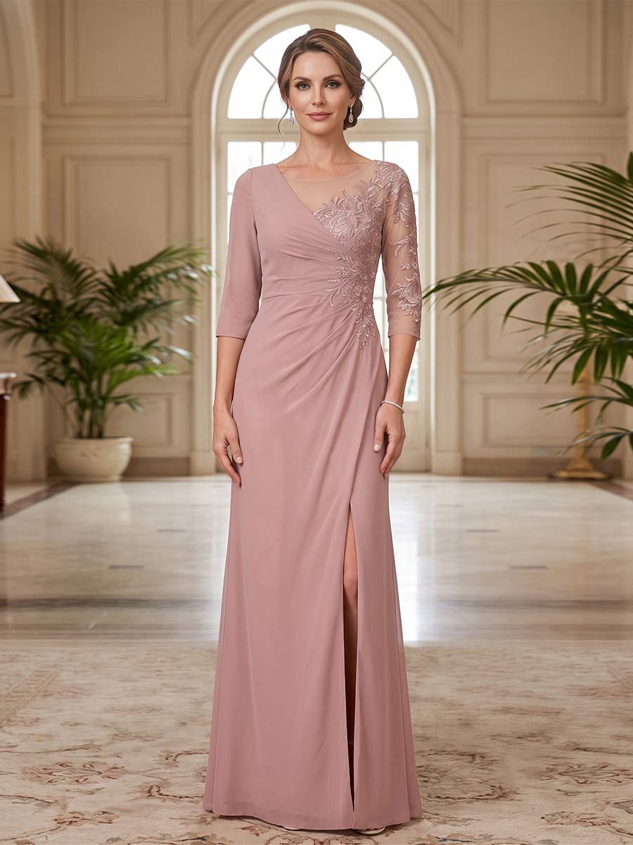 Sheath/Column Scoop 3/4 Sleeves Floor-length Mother of the Bride Dresses with Split Side &amp; Appliques