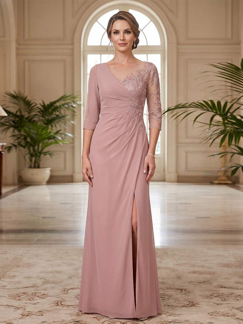 Sheath/Column Scoop 3/4 Sleeves Floor-length Mother of the Bride Dresses with Split Side & Appliques