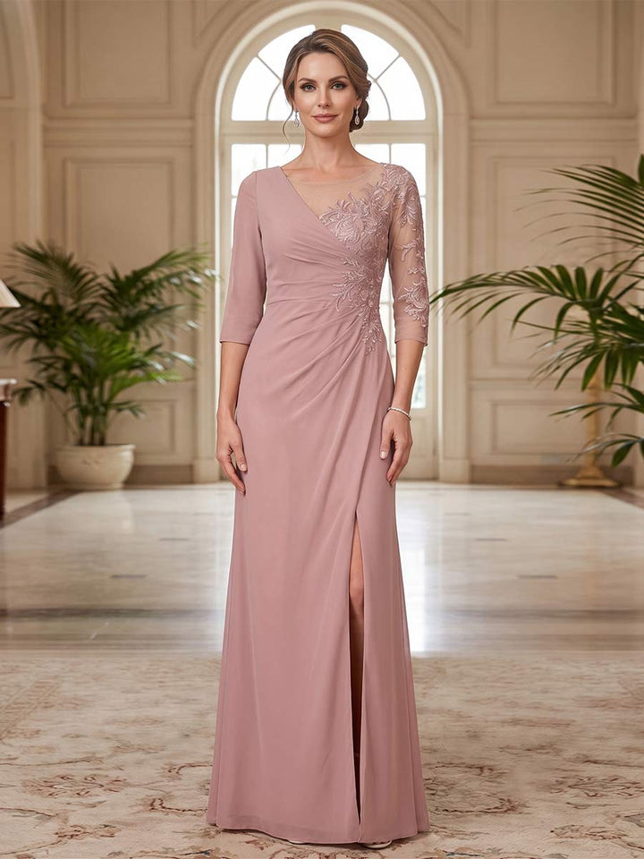 Sheath/Column Scoop 3/4 Sleeves Floor-length Mother of the Bride Dresses with Split Side &amp; Appliques