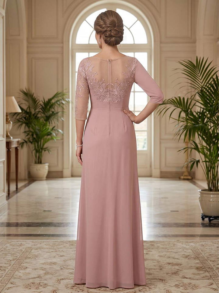 Sheath/Column Scoop 3/4 Sleeves Floor-length Mother of the Bride Dresses with Split Side &amp; Appliques