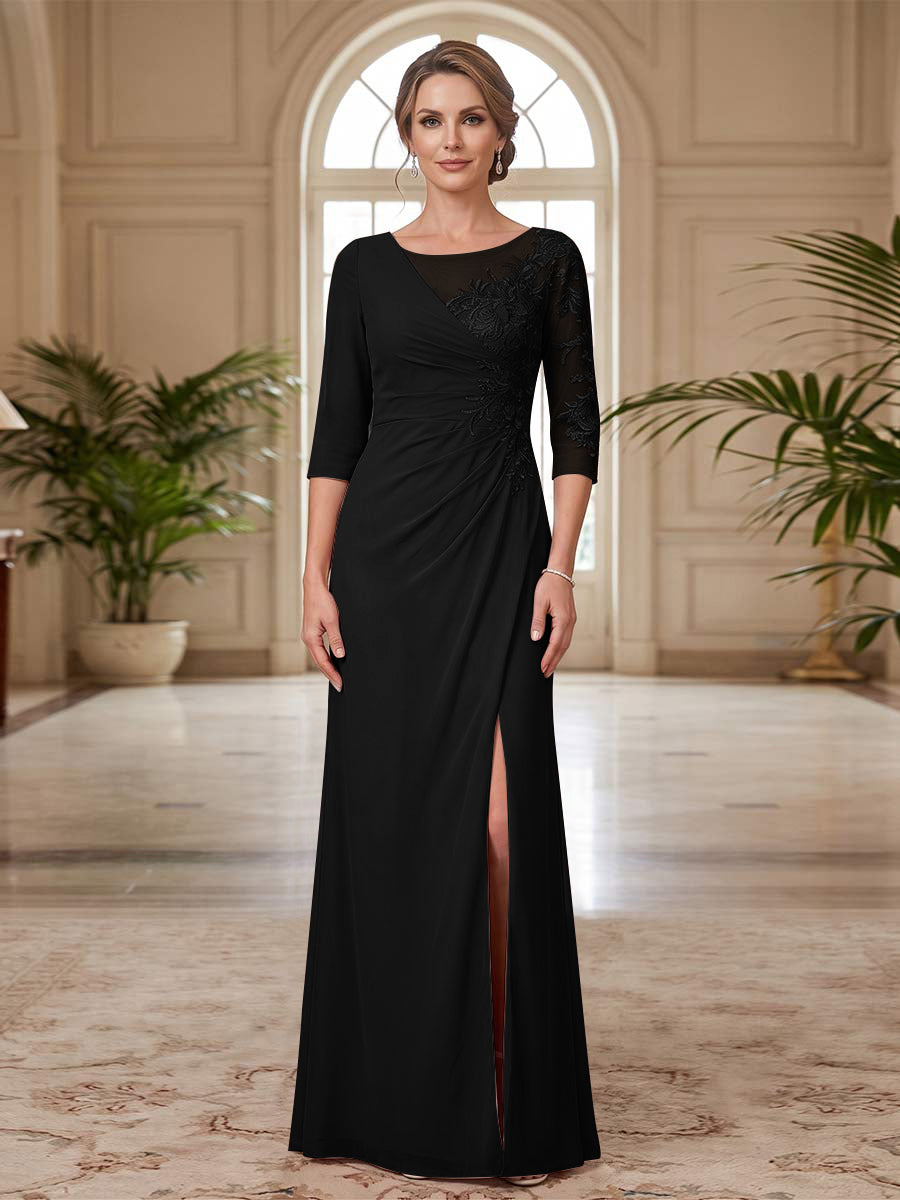 Sheath/Column Scoop 3/4 Sleeves Floor-length Mother of the Bride Dresses with Split Side &amp; Appliques