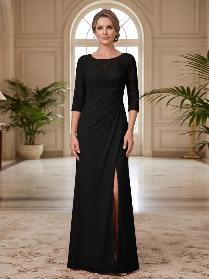 Sheath/Column Scoop 3/4 Sleeves Floor-length Mother of the Bride Dresses with Split Side &amp; Appliques