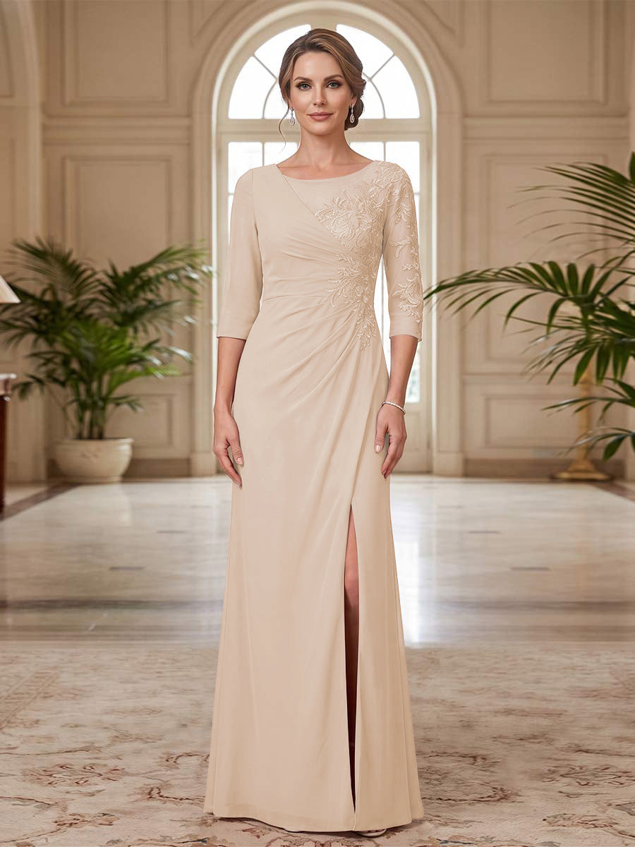 Sheath/Column Scoop 3/4 Sleeves Floor-length Mother of the Bride Dresses with Split Side &amp; Appliques