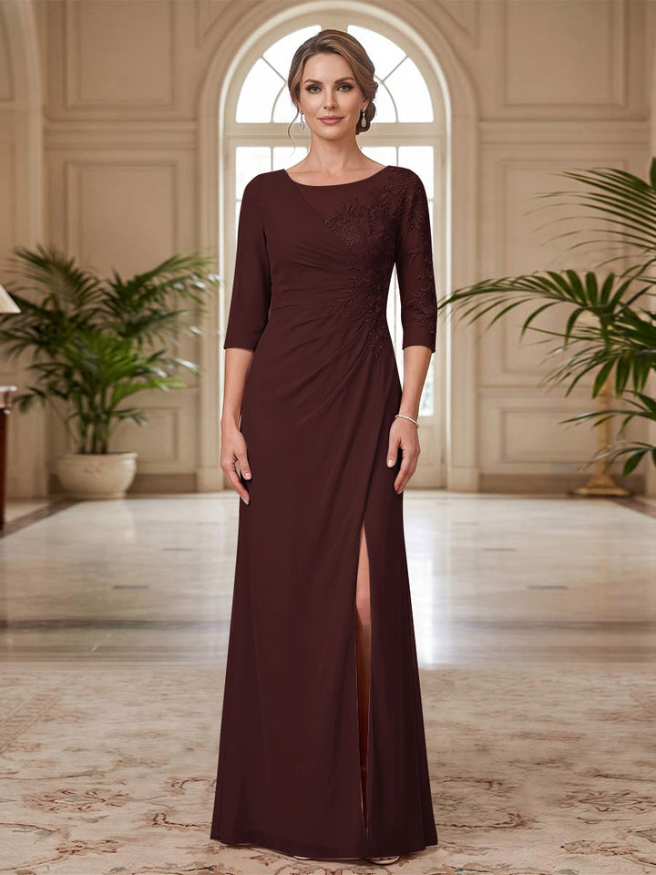Sheath/Column Scoop 3/4 Sleeves Floor-length Mother of the Bride Dresses with Split Side &amp; Appliques
