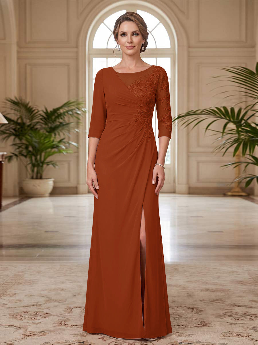 Sheath/Column Scoop 3/4 Sleeves Floor-length Mother of the Bride Dresses with Split Side &amp; Appliques
