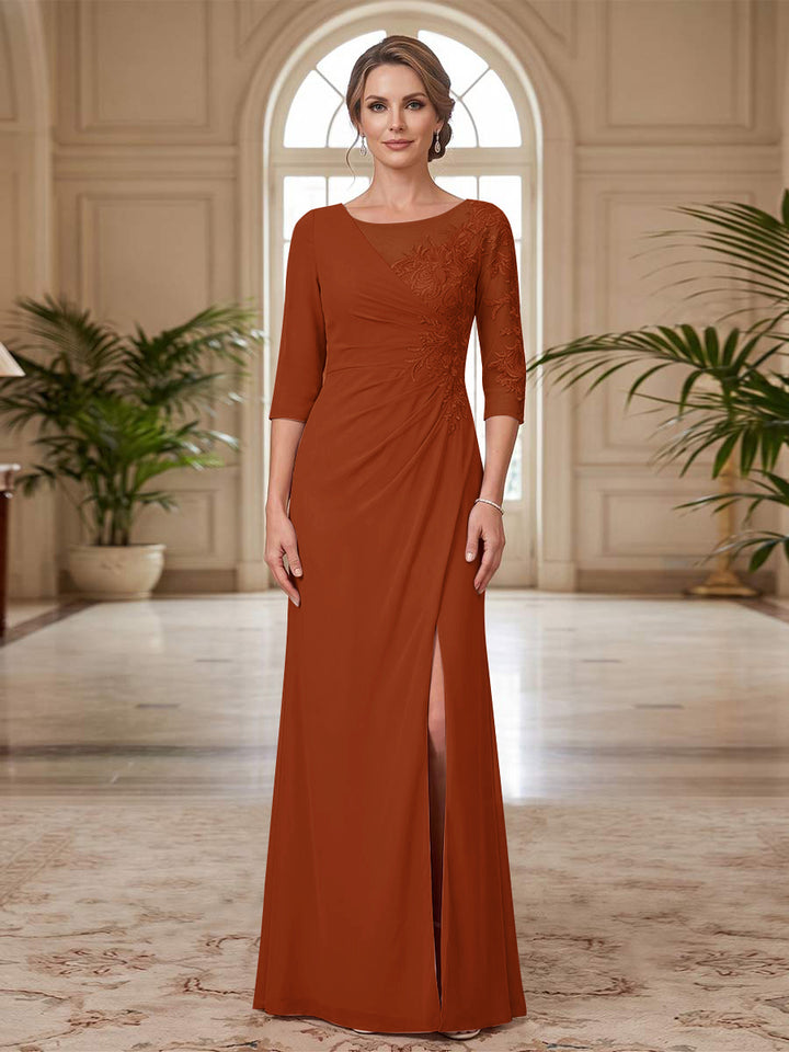 Sheath/Column Scoop 3/4 Sleeves Floor-length Mother of the Bride Dresses with Split Side &amp; Appliques