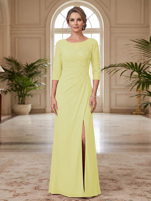 Sheath/Column Scoop 3/4 Sleeves Floor-length Mother of the Bride Dresses with Split Side & Appliques