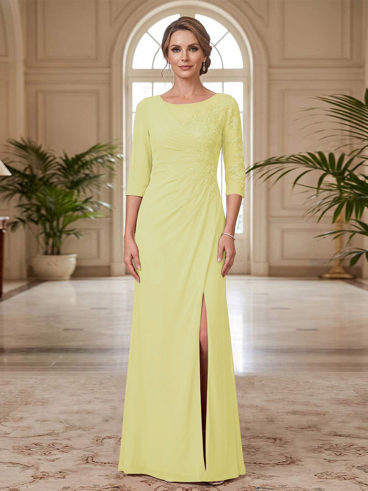 Sheath/Column Scoop 3/4 Sleeves Floor-length Mother of the Bride Dresses with Split Side &amp; Appliques