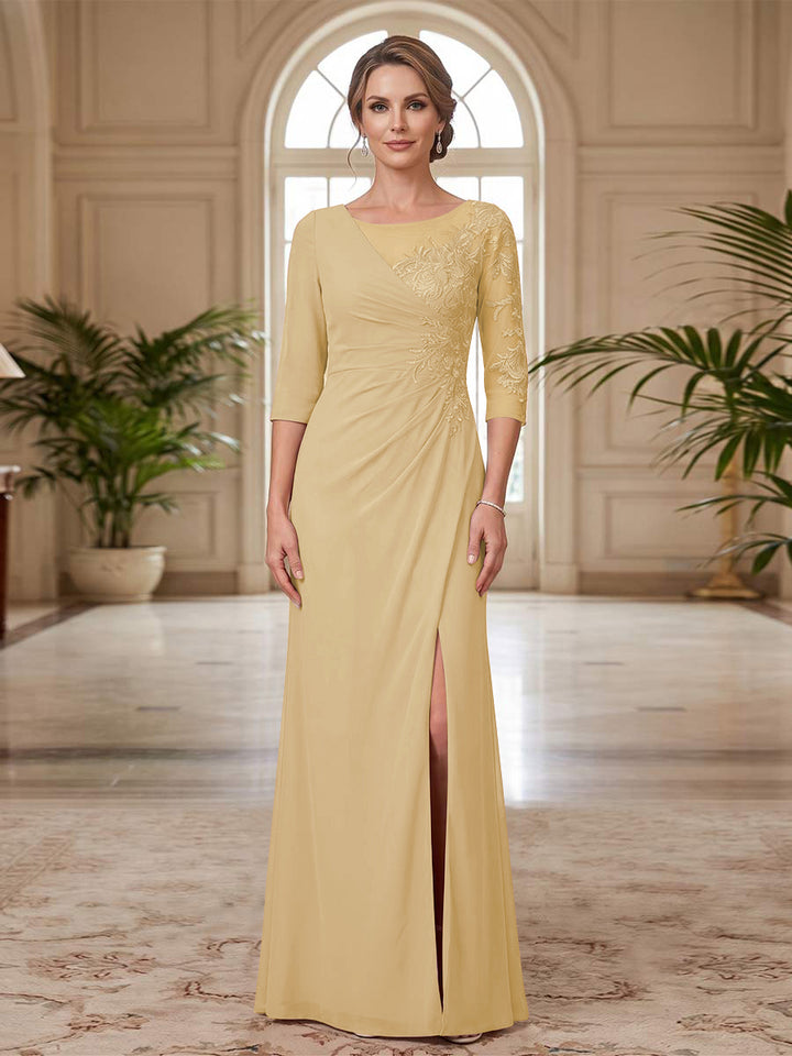 Sheath/Column Scoop 3/4 Sleeves Floor-length Mother of the Bride Dresses with Split Side &amp; Appliques