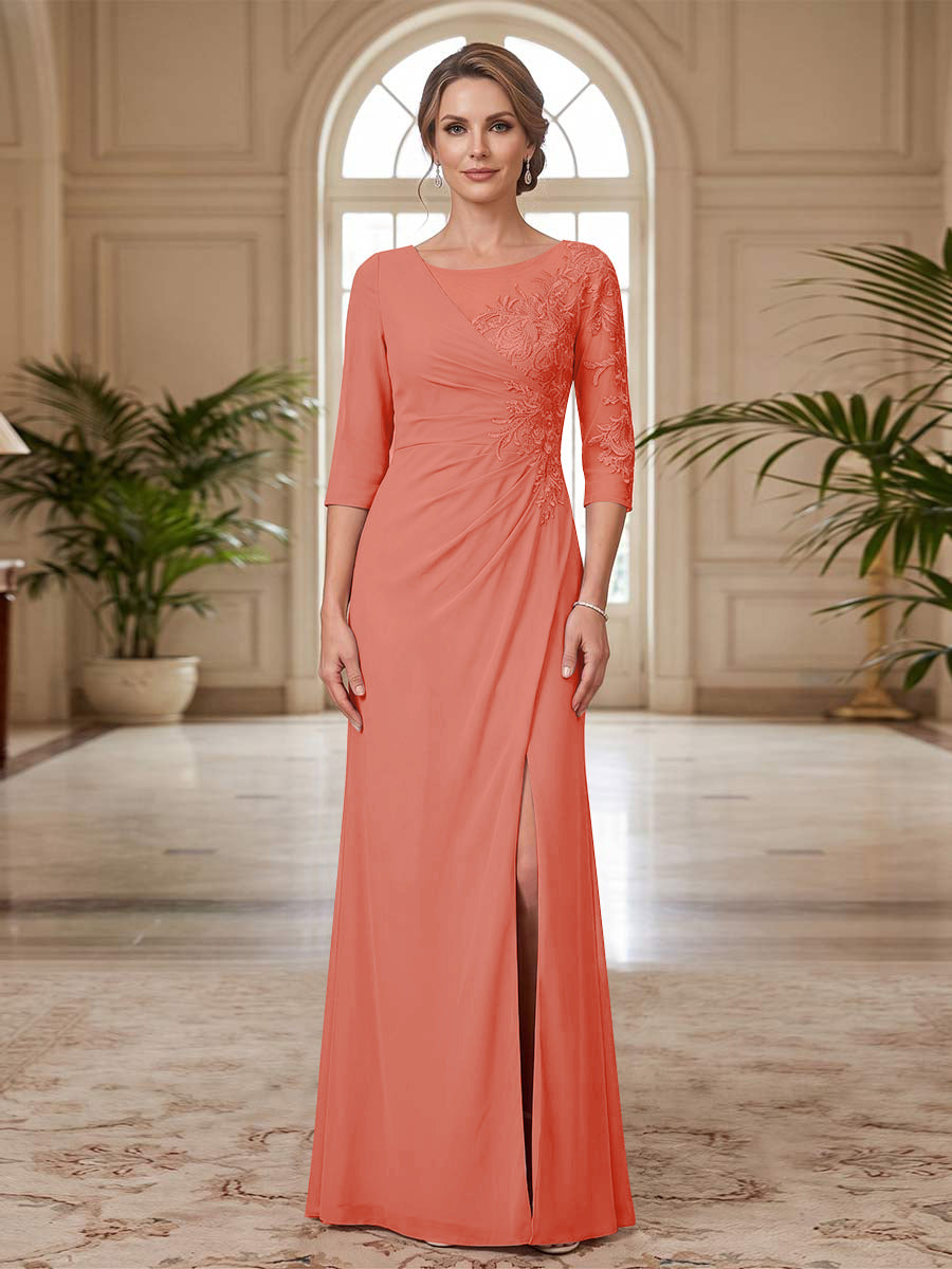 Sheath/Column Scoop 3/4 Sleeves Floor-length Mother of the Bride Dresses with Split Side &amp; Appliques