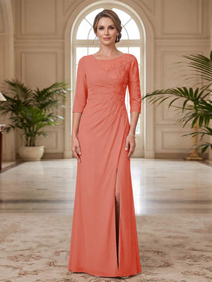 Sheath/Column Scoop 3/4 Sleeves Floor-length Mother of the Bride Dresses with Split Side & Appliques