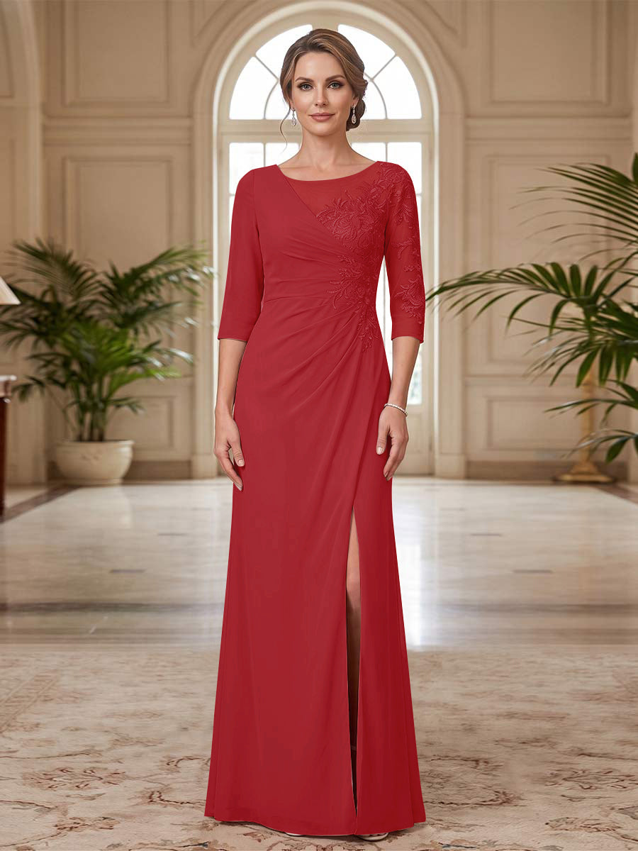 Sheath/Column Scoop 3/4 Sleeves Floor-length Mother of the Bride Dresses with Split Side &amp; Appliques