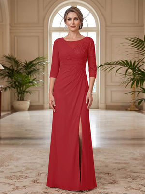 Sheath/Column Scoop 3/4 Sleeves Floor-length Mother of the Bride Dresses with Split Side & Appliques
