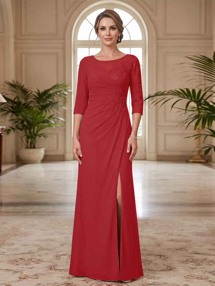 Sheath/Column Scoop 3/4 Sleeves Floor-length Mother of the Bride Dresses with Split Side &amp; Appliques