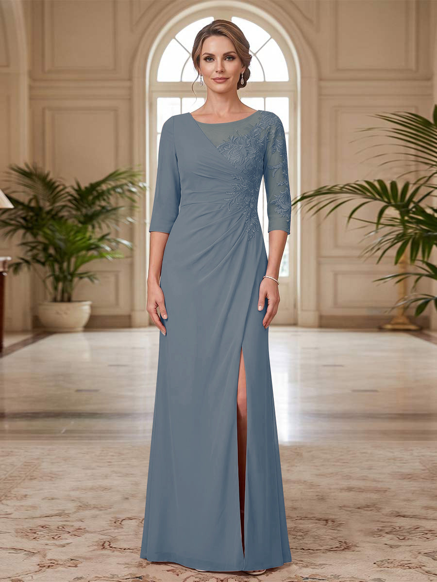 Sheath/Column Scoop 3/4 Sleeves Floor-length Mother of the Bride Dresses with Split Side &amp; Appliques