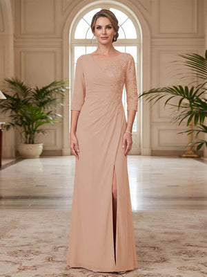 Sheath/Column Scoop 3/4 Sleeves Floor-length Mother of the Bride Dresses with Split Side & Appliques