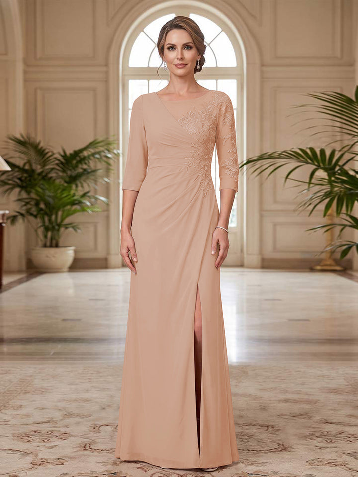 Sheath/Column Scoop 3/4 Sleeves Floor-length Mother of the Bride Dresses with Split Side &amp; Appliques