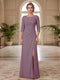 Sheath/Column Scoop 3/4 Sleeves Floor-length Mother of the Bride Dresses with Split Side & Appliques
