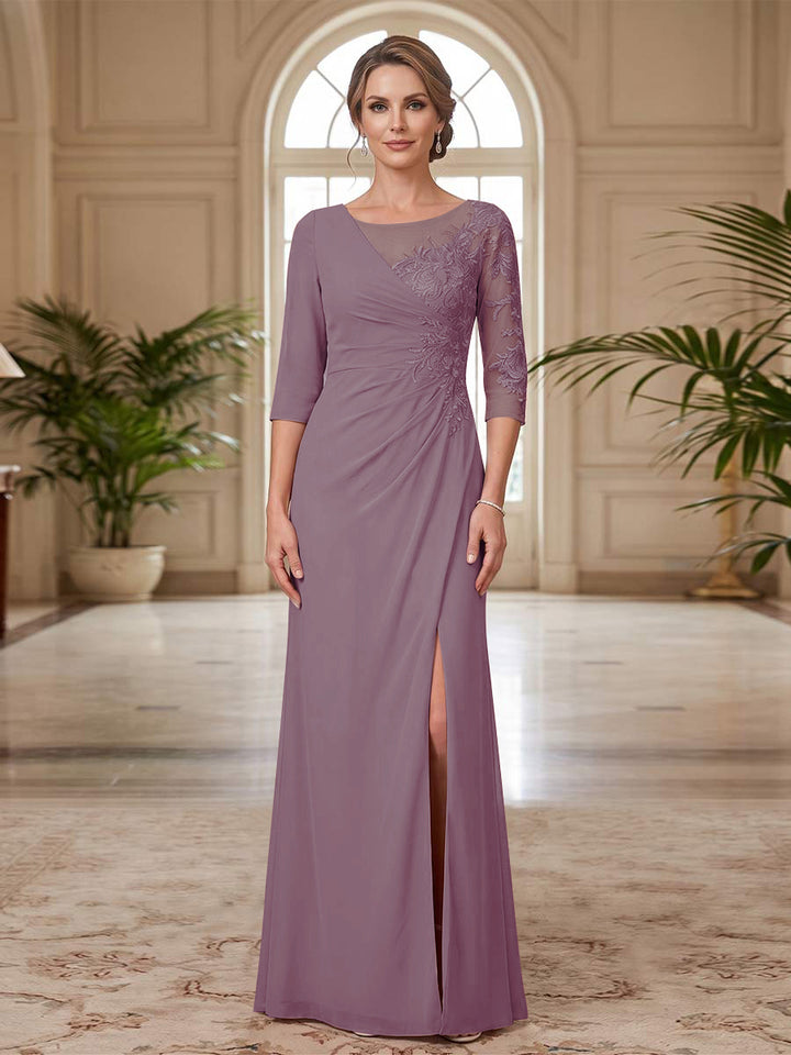 Sheath/Column Scoop 3/4 Sleeves Floor-length Mother of the Bride Dresses with Split Side &amp; Appliques