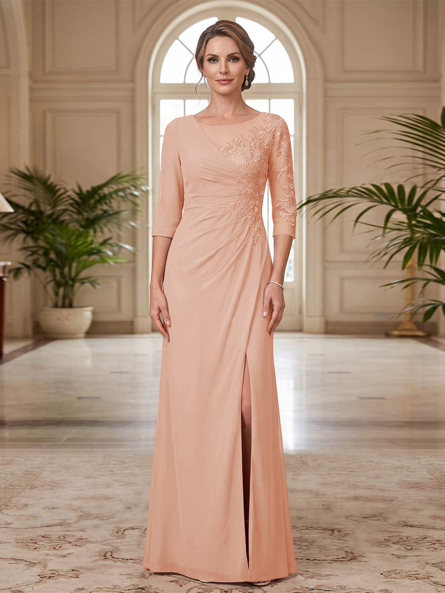 Sheath/Column Scoop 3/4 Sleeves Floor-length Mother of the Bride Dresses with Split Side &amp; Appliques