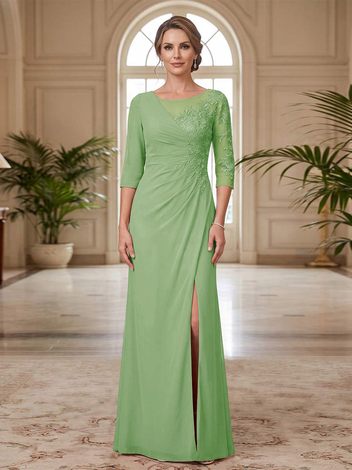 Sheath/Column Scoop 3/4 Sleeves Floor-length Mother of the Bride Dresses with Split Side &amp; Appliques