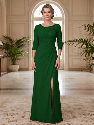 Sheath/Column Scoop 3/4 Sleeves Floor-length Mother of the Bride Dresses with Split Side & Appliques